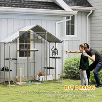 Large Catio Outdoor Cat Enclosure with Waterproof Cover, Walk-in Cat Patio w/ 5 Adjustable Platforms & Hammock