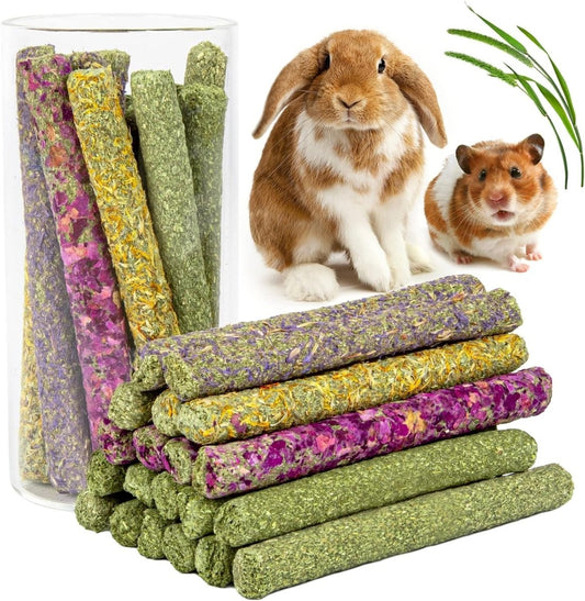 32Pcs Timothy Hay Sticks 320G Rabbit Toys Bunny, Guinea Pig Toys Natural Hamster Toys for Teeth Handmade Treats and Chews Chinchilla Rat Gerbil - BIG FRENCHIES