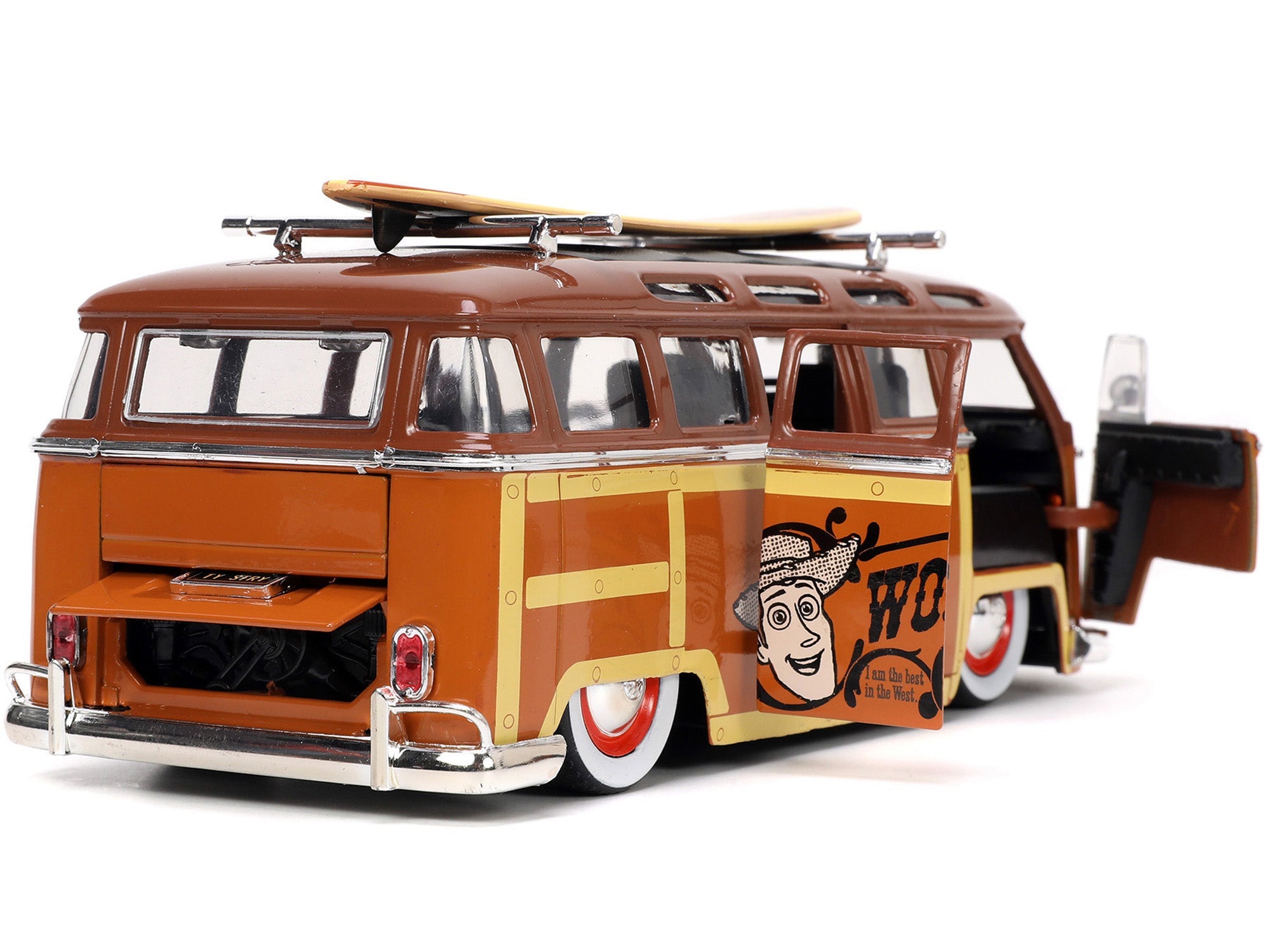 Volkswagen T1 Bus Brown with Graphics "Sheriff Woody" and Woody Diecast Figure and Surfboard "Toy Story" (1995) Movie "Hollywood Rides" Series 1/24 Diecast Model Car by Jada - BIG FRENCHIES
