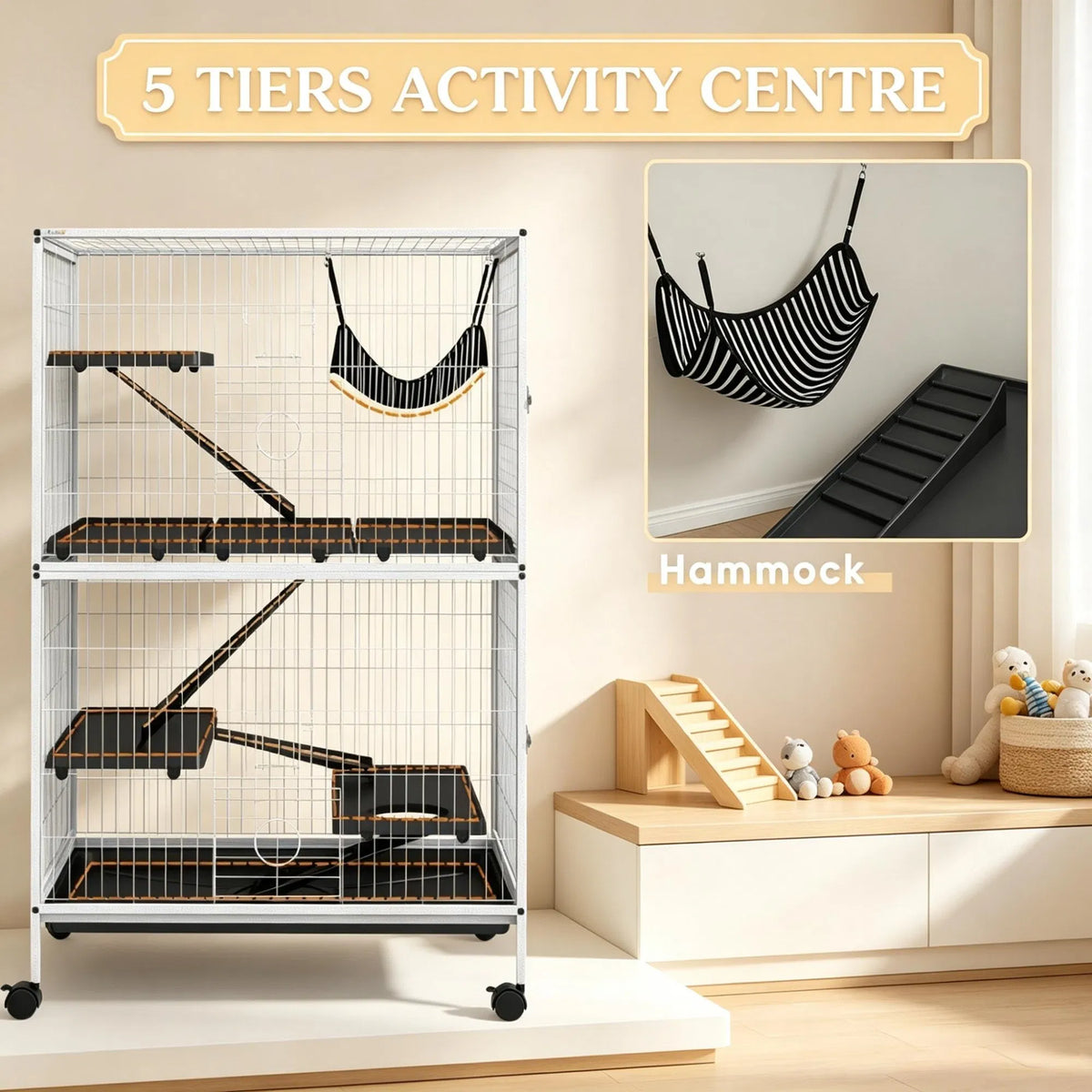 50 Inch Tall Rolling Ferret Chinchilla Cage Small Animal Pet Habitat with Hammock, 4 Doors, Removable Tray