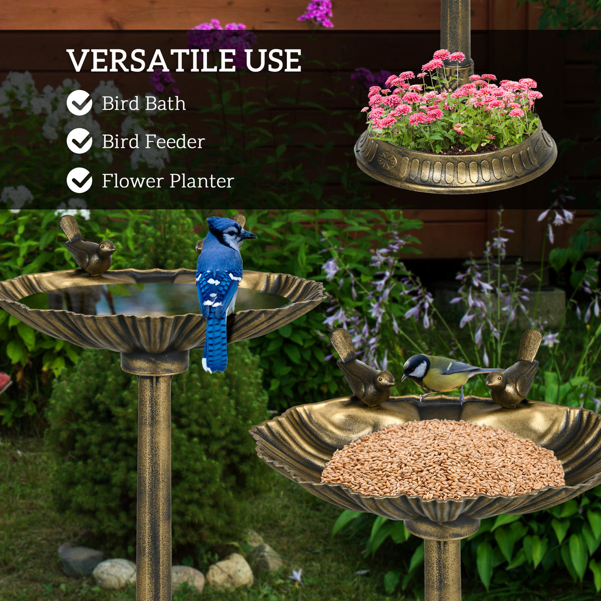 32" Antique Bird Bath Decorative Birdbath Bird Feeder Bowl with Planter Pedestal and Bird Statues, Bronze