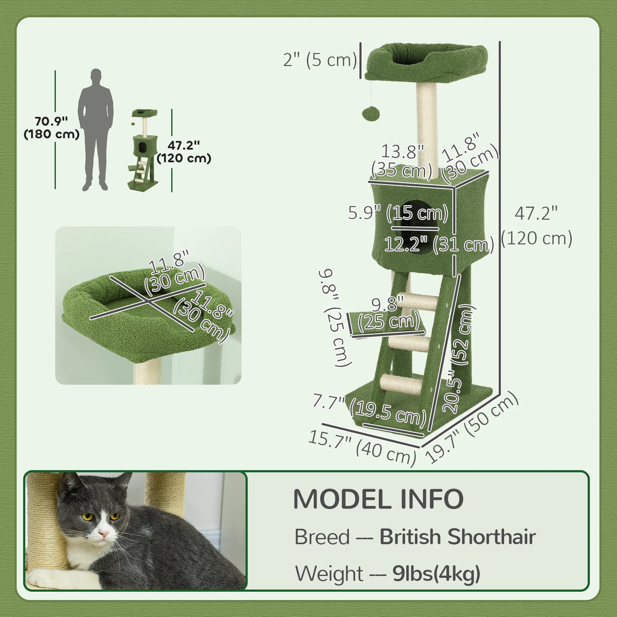47" Tall Cat Tree Tower with Condo, Ladder, Scratching Posts and Hanging Ball, Green