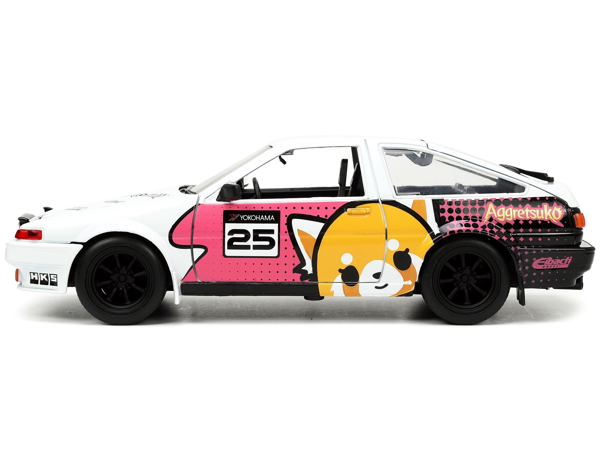 1986 Toyota Trueno (AE86) RHD (Right Hand Drive) #25 White with Graphics and Aggretsuko Diecast Figure "Aggretsuko" "Anime Hollywood Rides" Series 1/24 Diecast Model Car by Jada - BIG FRENCHIES