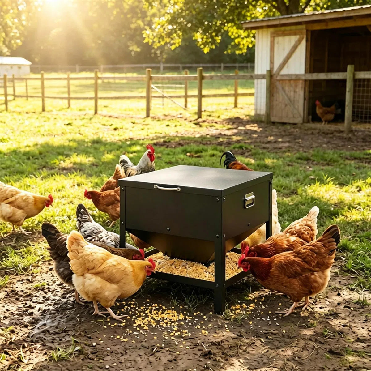 Heavy Duty Stainless Steel Chicken Feed Hopper with Lift Top Cover, Raised Legs Spill-Proof Poultry Feeding Box for Back