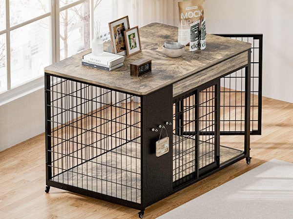 42-Inch Double Wide Wooden Double-Door Dog Crate Side Table Combo - Heavy-Duty DIY Assembly, Chew-Resistant Construction