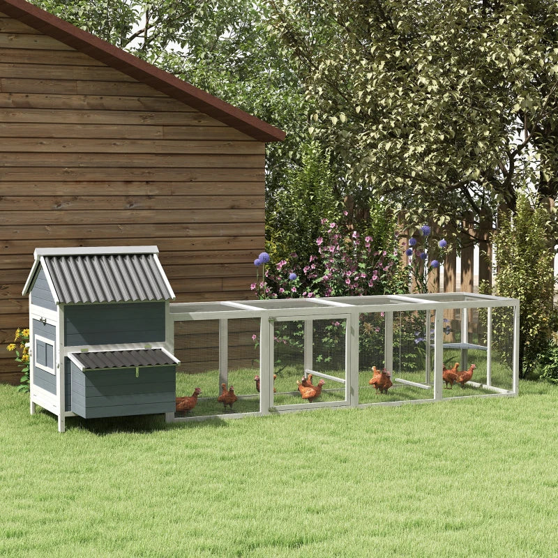 156Extra Large Wooden Chicken Coop With 2 Nesting Box, Run Cage, Waterproof Wave Roof, For 10-15 Chickens, Light GrayMul