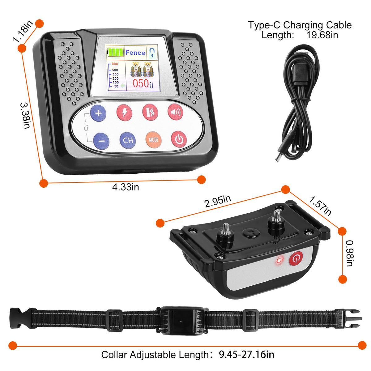 1Set 990FT Range Dog Wireless Fence Remote Training Collar IPX6 Waterproof Receiver With 0-9 Levels Beep Vibration Shock
