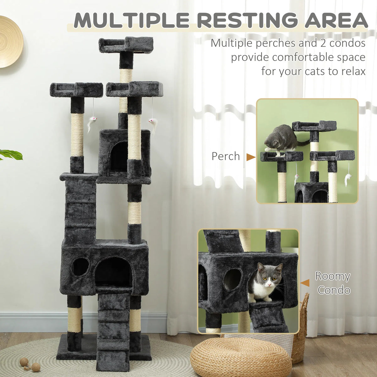 68-inch Multi-Level Cat Scratching Tree Kitty Activity Center Post Tower Condo Pet Furniture w/ Toy Grey