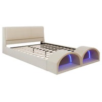 Queen Size Upholstered Platform Bed Frame with Dual Cat Caves, LED Lighted Pet Nests at Footboard, Beige