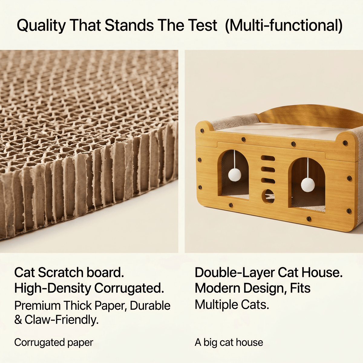 Multi-Style Double-Layer Cat Scratcher House, 2-Tier Large Cat Villa Bed With Corrugated Cardboard, Interactive Hanging 