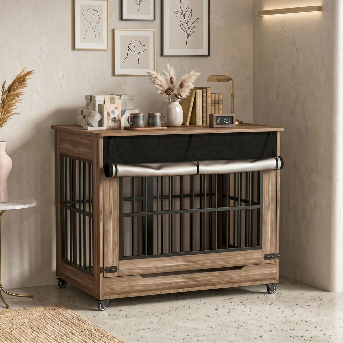 42in Large Dog Crate Furniture, Double Door Wooden Indoor Dog Kennel Furniture, Decorative Pet Cage End Table With Wheel