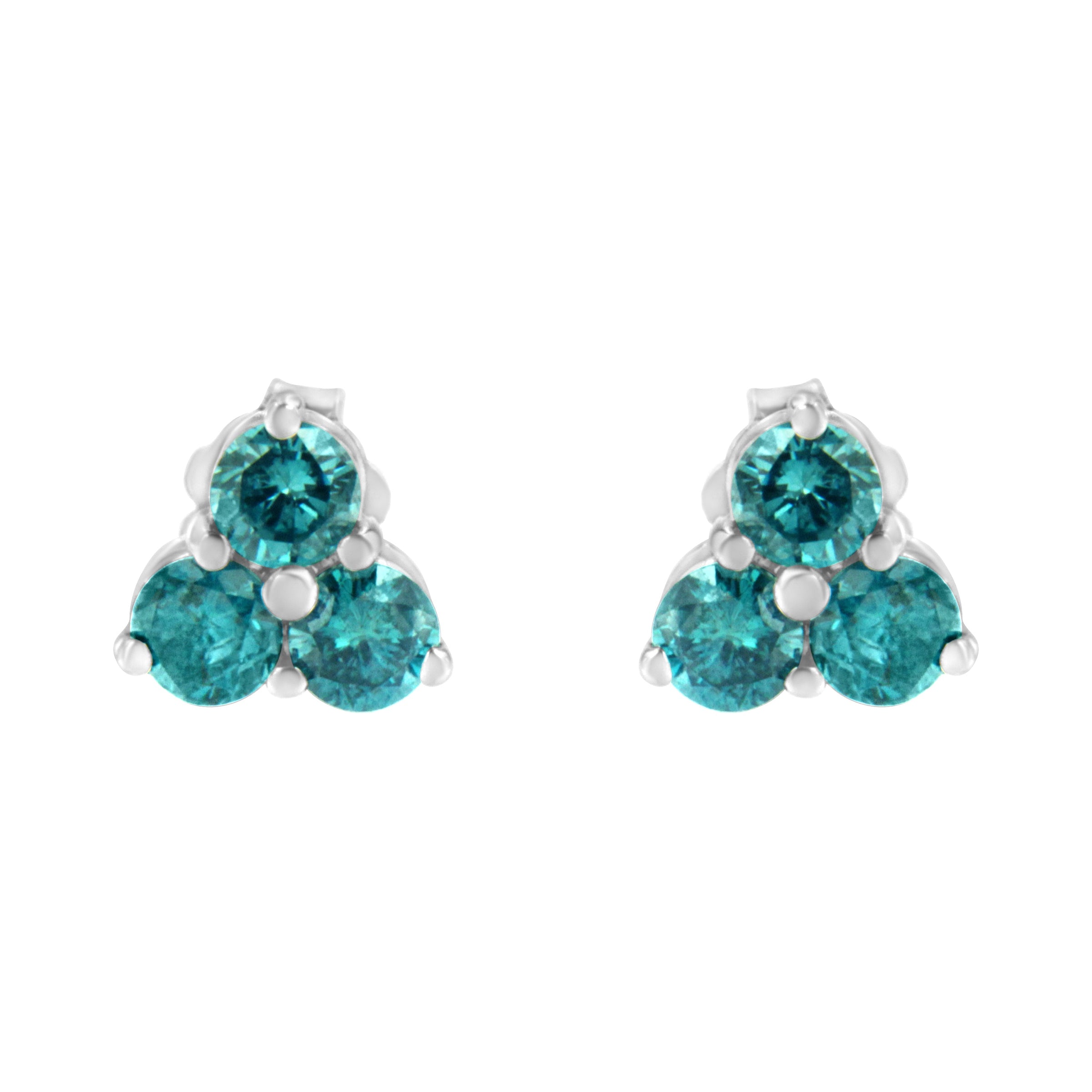 14KT White Gold Treated Blue Diamond Trio Stud Earrings (1 1/3 cttw, Blue)