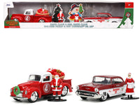1941 Ford Pickup Truck Red and White "Santa's Workshop" and 1957 Chevrolet Bel Air Red Metallic and White "Express 25" with Mr. and Mrs. Santa Claus Diecast Figures "Holiday Rides" Series 1/32 Diecast Model Cars by Jada