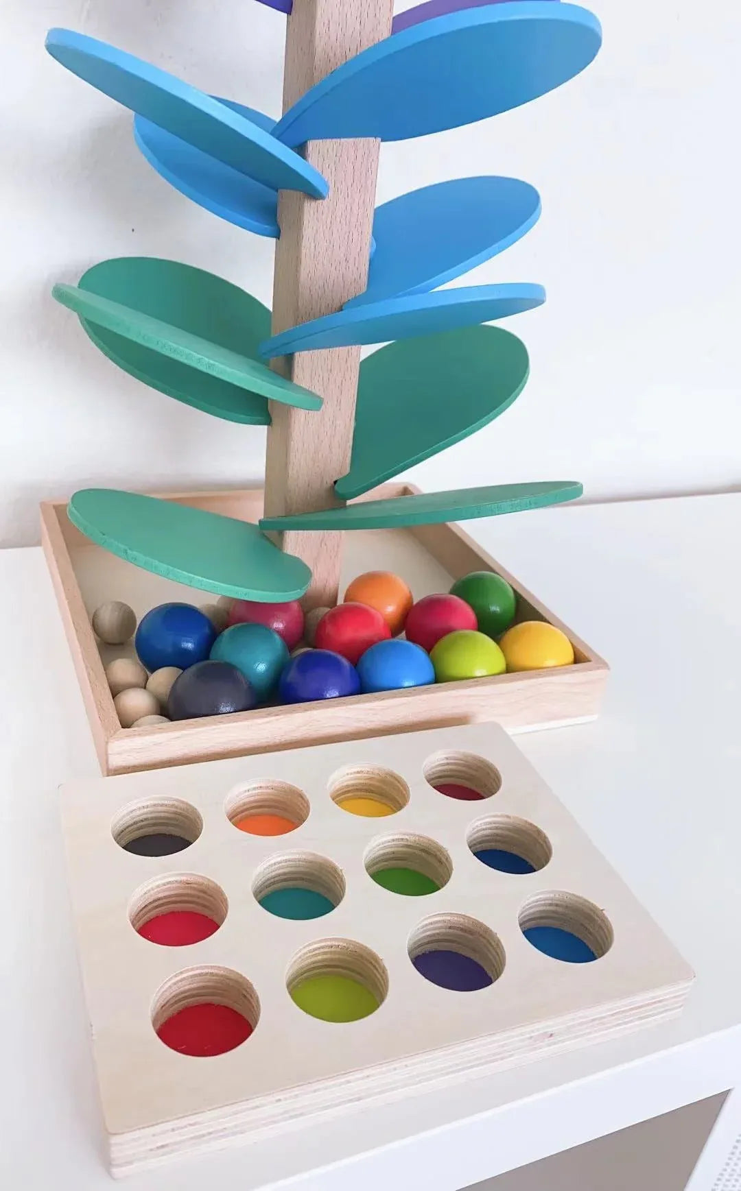 12 Pcs Rainbow Wooden Balls with Tray – Primary Colors (1.4” Diameter) - BIG FRENCHIES