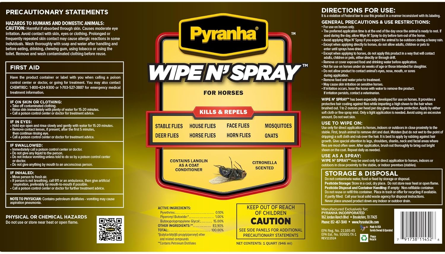 Pyranha Wipe N Spray Fly Repellent for Horses 32 oz. Long-Lasting Insect Control