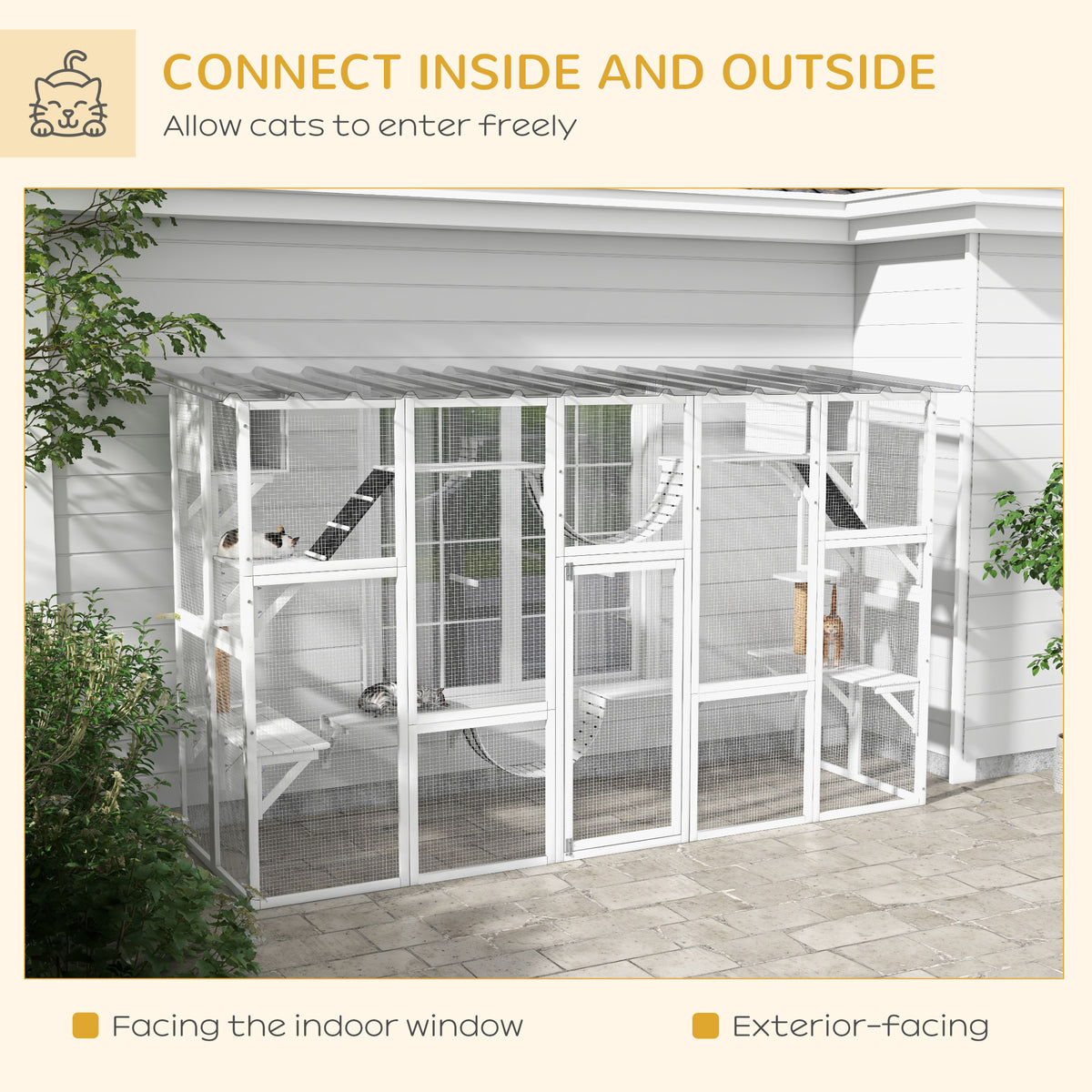 118" Large Outdoor Catio Cat Enclosure with Condos, Bridges & Posts, White
