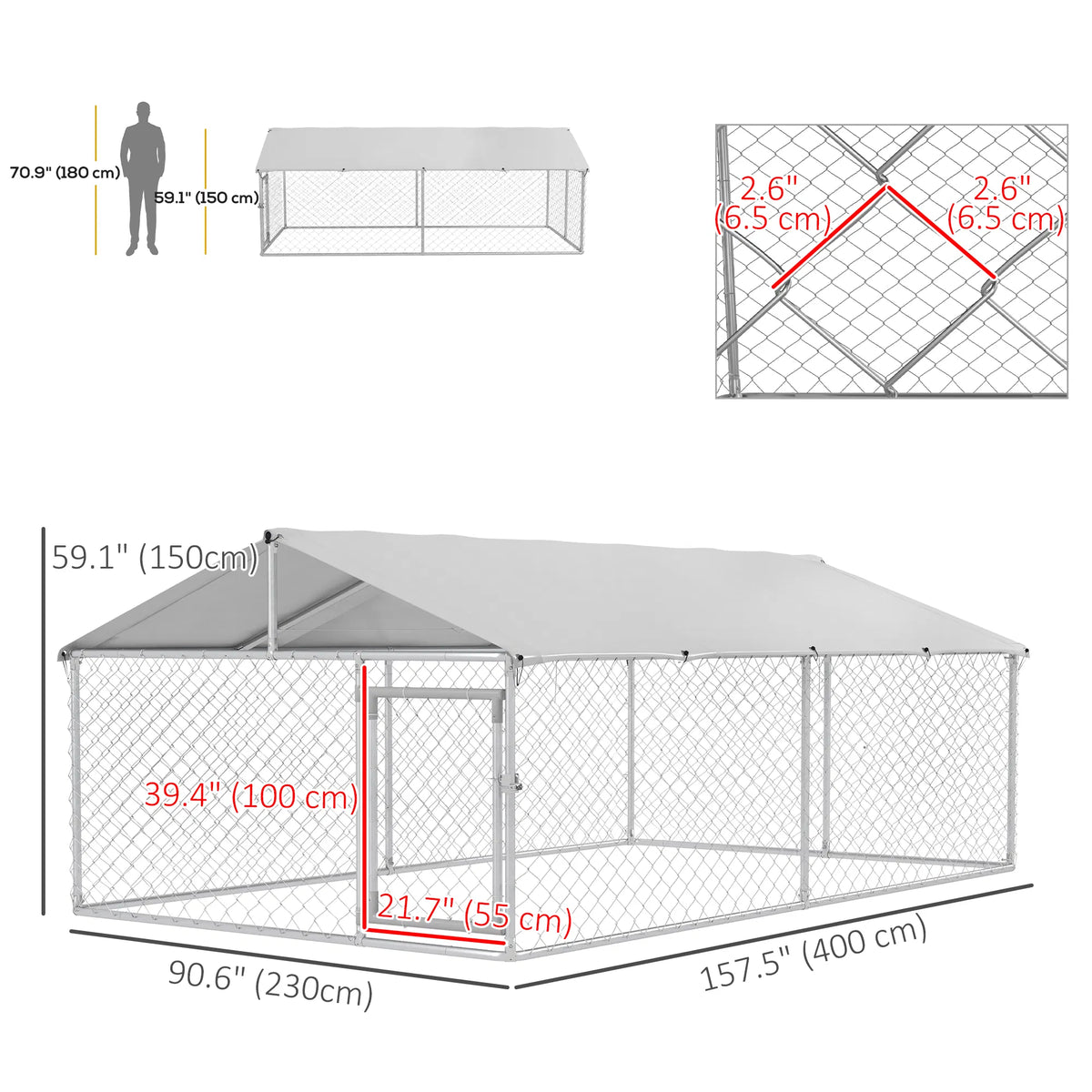 13.1' x 7.5' x 4.9' Outdoor Dog Kennel Dog Run with Waterproof, UV Resistant Cover for Medium Large Sized Dogs, Silver