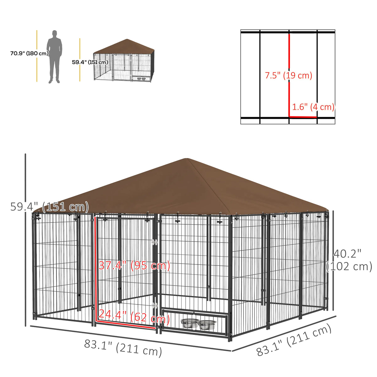 6.9' x 6.9' x 5' Outdoor Dog Kennel with Canopy, Rotating Bowls, Coffee