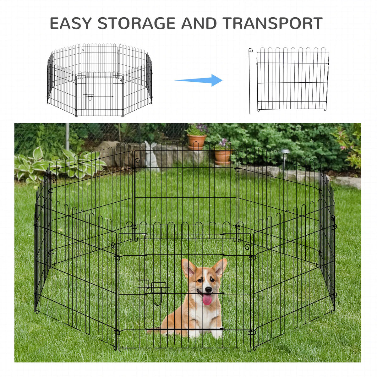 24inch 8-Panel Dog Playpen Octagon Pet Exercise Playpen Crate Foldable Dog Cage Pen Puppy Kennel, Black