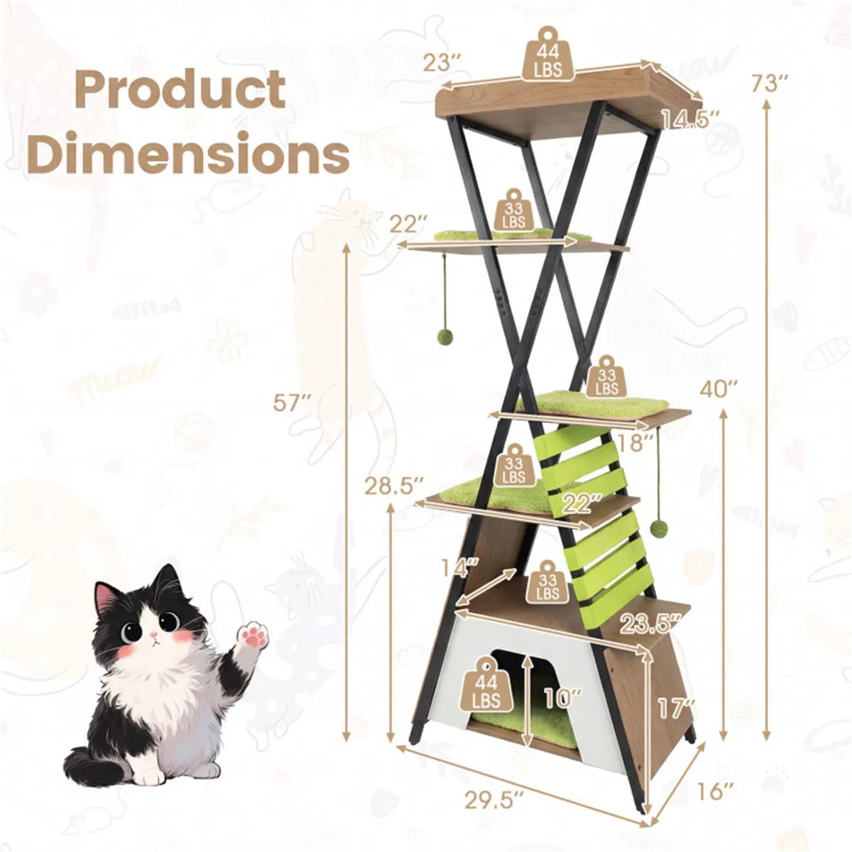 73" Multi-Level Cat Tree with Condo & Perch, Multi-Cat Climbing Tower with Scratching Pad & Interactive Toys