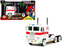 G1 Autobot Optimus Prime Truck White with Robot on Chassis from "Transformers" TV Series - "Ghostbusters" (1984) Movie Crossover "Hollywood Rides" Series 1/24 Diecast Model by Jada