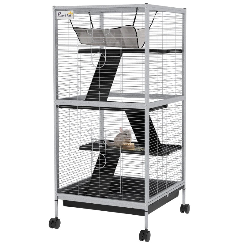 PawHut Rolling Small Animal Cage With Hammock, Ferret Cage, Chinchilla Cage, Pet Habitat With 6 Doors, Removable Tray