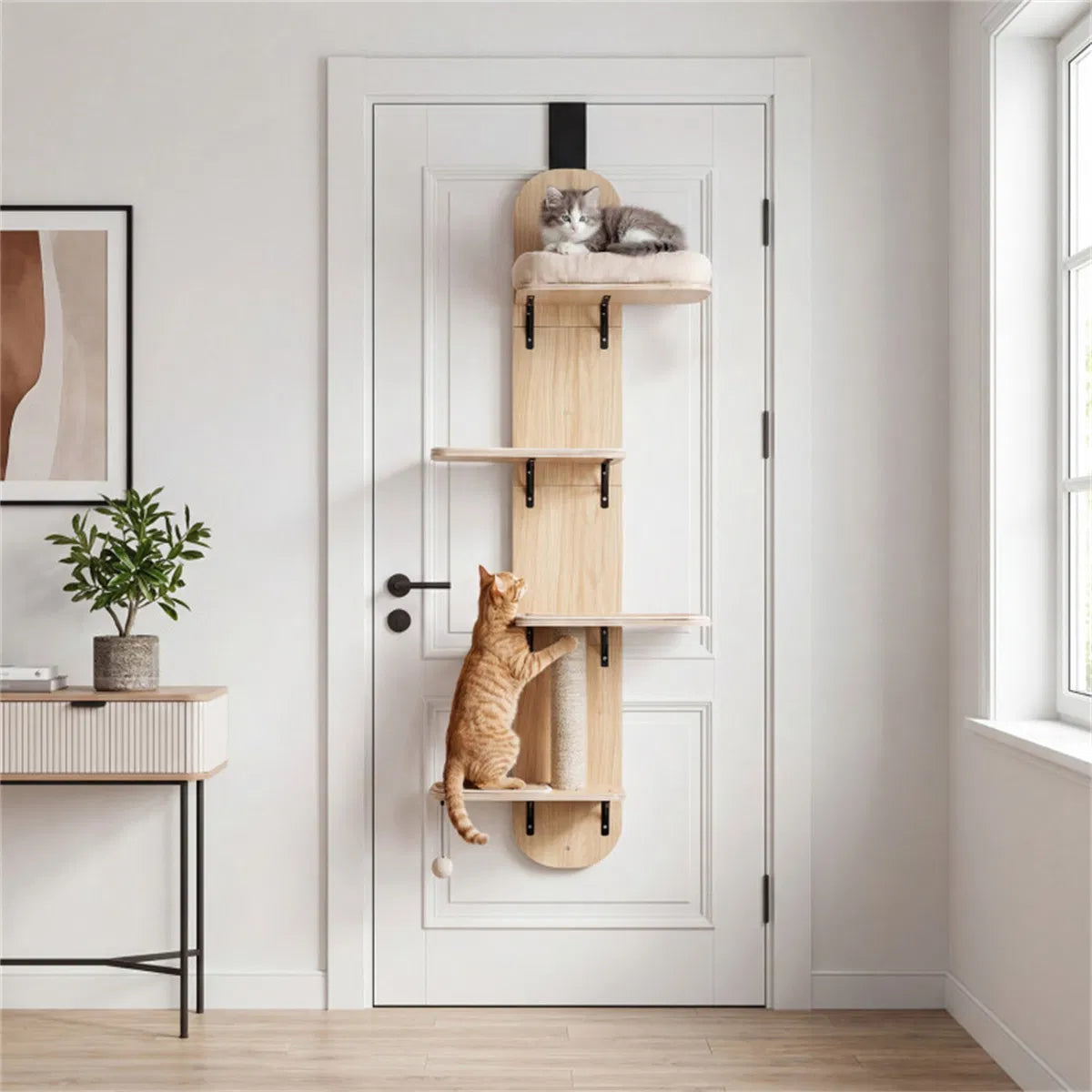 Door Hanging Cat Tree 5-Level Height Adjustable 4-Tier Climber No-Drill for Apartment Beige
