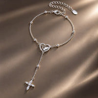 925 Sterling Silver White Gold Plated CZ Heart 15+6cm Bracelet for Women