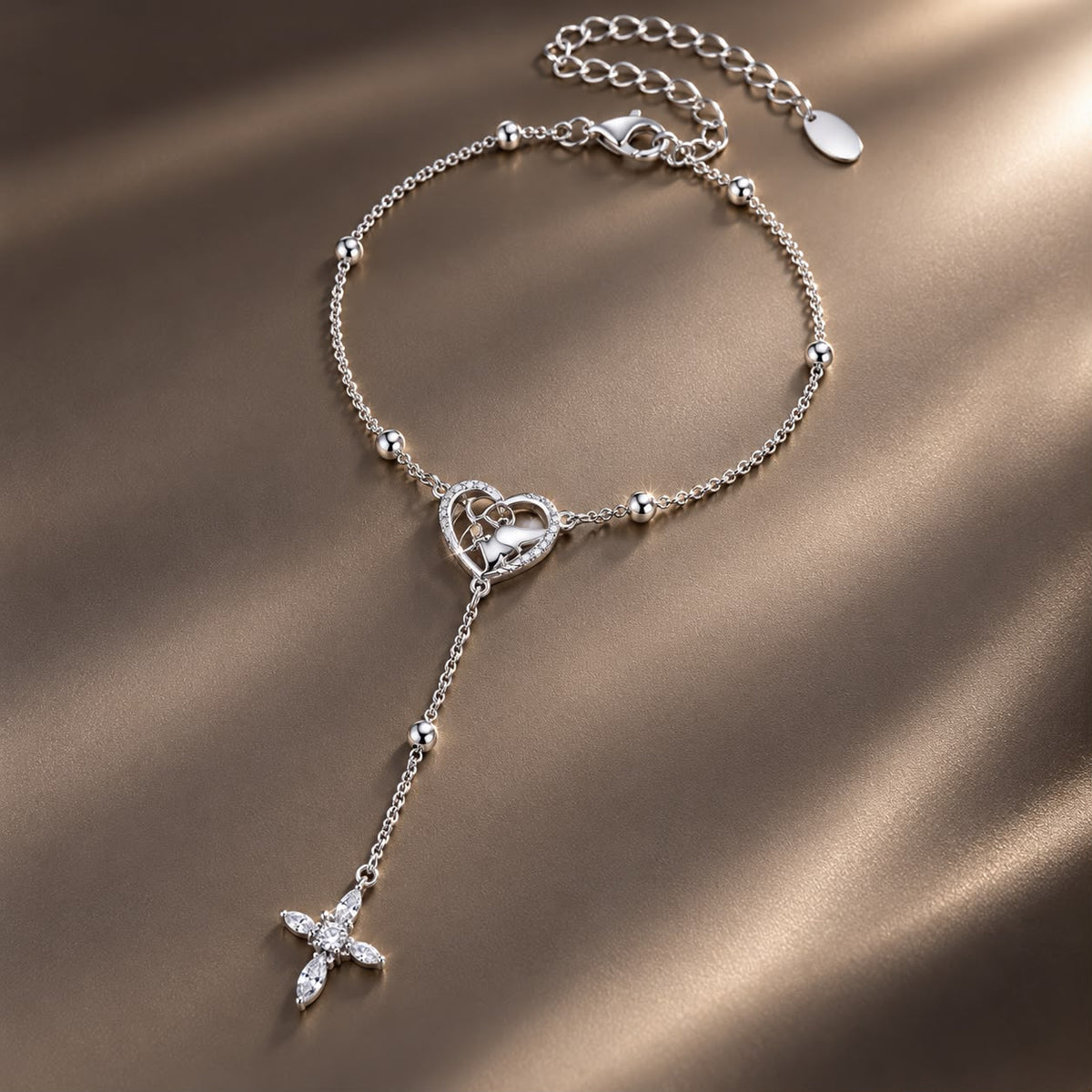 925 Sterling Silver White Gold Plated CZ Heart 15+6cm Bracelet for Women