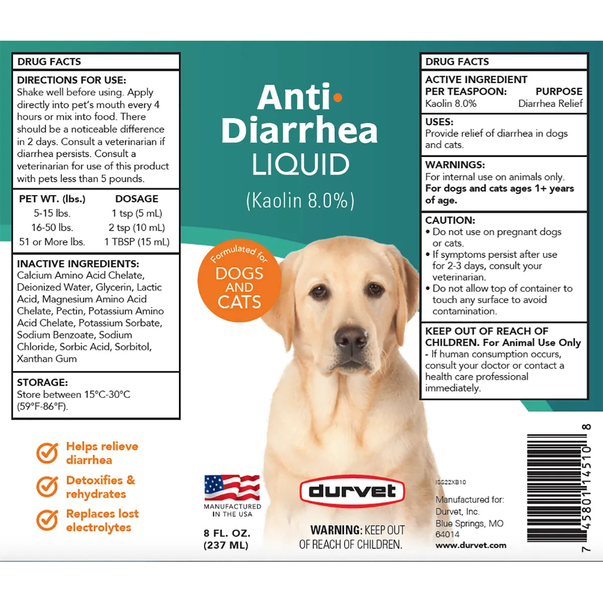 Durvet Kaolin Anti-Diarrhea Liquid 8 oz. Dogs & Cats Electrolyte Support