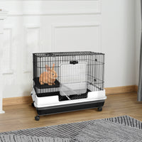 2-Level Small Animal Cage Rabbit Hutch with Wheels, Removable Tray, Platform and Ramp for Bunny, Chinchillas, Ferret, Bl