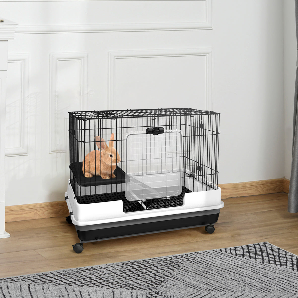 2-Level Small Animal Cage Rabbit Hutch with Wheels, Removable Tray, Platform and Ramp for Bunny, Chinchillas, Ferret, Bl