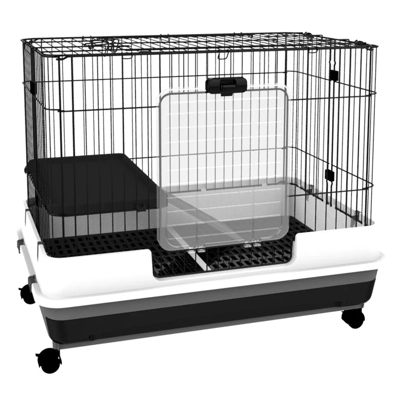 PawHut 2-Level Small Animal Cage Rabbit Hutch With Wheels, Removable Tray, Platform And Ramp For Bunny, Chinchillas, Fer