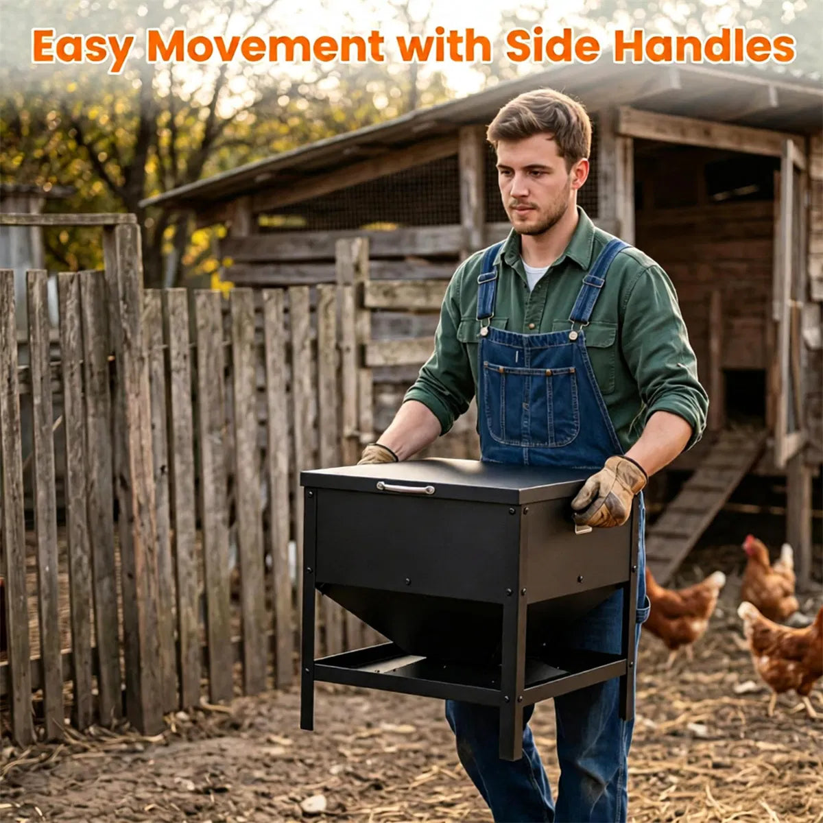 Heavy Duty Stainless Steel Chicken Feed Hopper with Lift Top Cover, Raised Legs Spill-Proof Poultry Feeding Box for Back