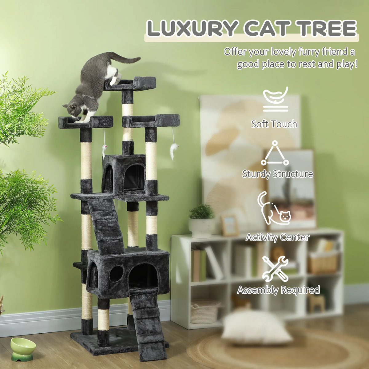 68-inch Multi-Level Cat Scratching Tree Kitty Activity Center Post Tower Condo Pet Furniture w/ Toy Grey