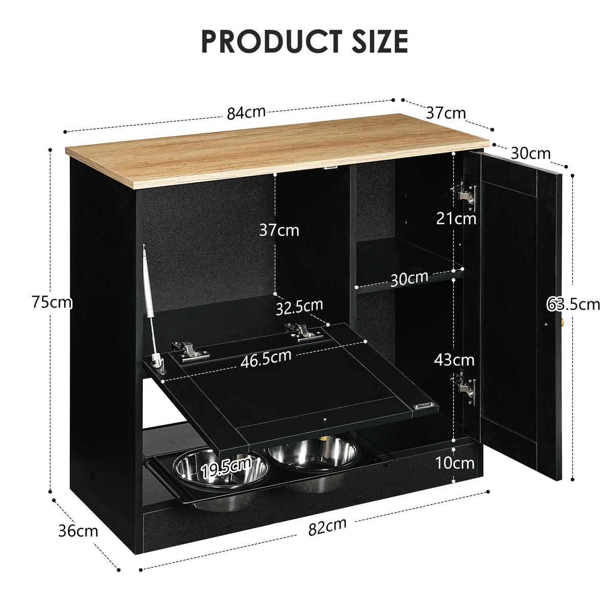 Feeding station with 2 lockers, pet feeding station with 2 elevated dog bowls, side hooks, anti-tipping kit, hidden pet 