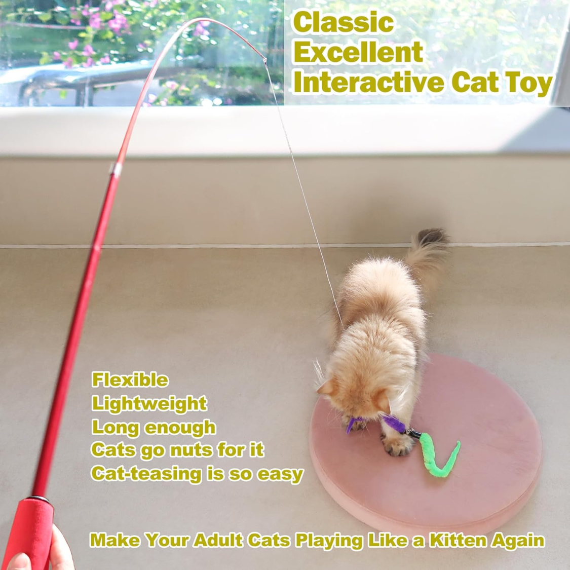 Cat Toys For Indoor Cats, Interactive Cat Toy 2PCS Retractable Wand Toy And 9PCS Cat Feather Toys Refills, Funny Kitten 