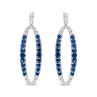18K White Gold 1.11 Cttw Blue Round Diamond and Blue Sapphire Openwork Oval Shaped Dangle Earrings (F-G Color, VS1-VS2 Clarity)