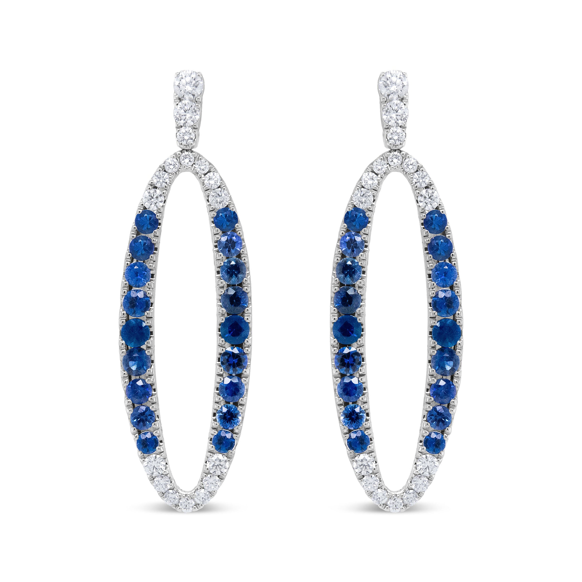 18K White Gold 1.11 Cttw Blue Round Diamond and Blue Sapphire Openwork Oval Shaped Dangle Earrings (F-G Color, VS1-VS2 Clarity)