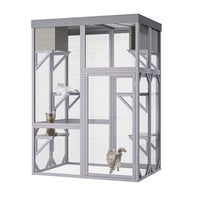 Outdoor Wooden Catio Multi-functional Cat Enclosure, 4 Platforms & 2 Napping Houses, 2 Strong Locks, Rounded Corner, Ste