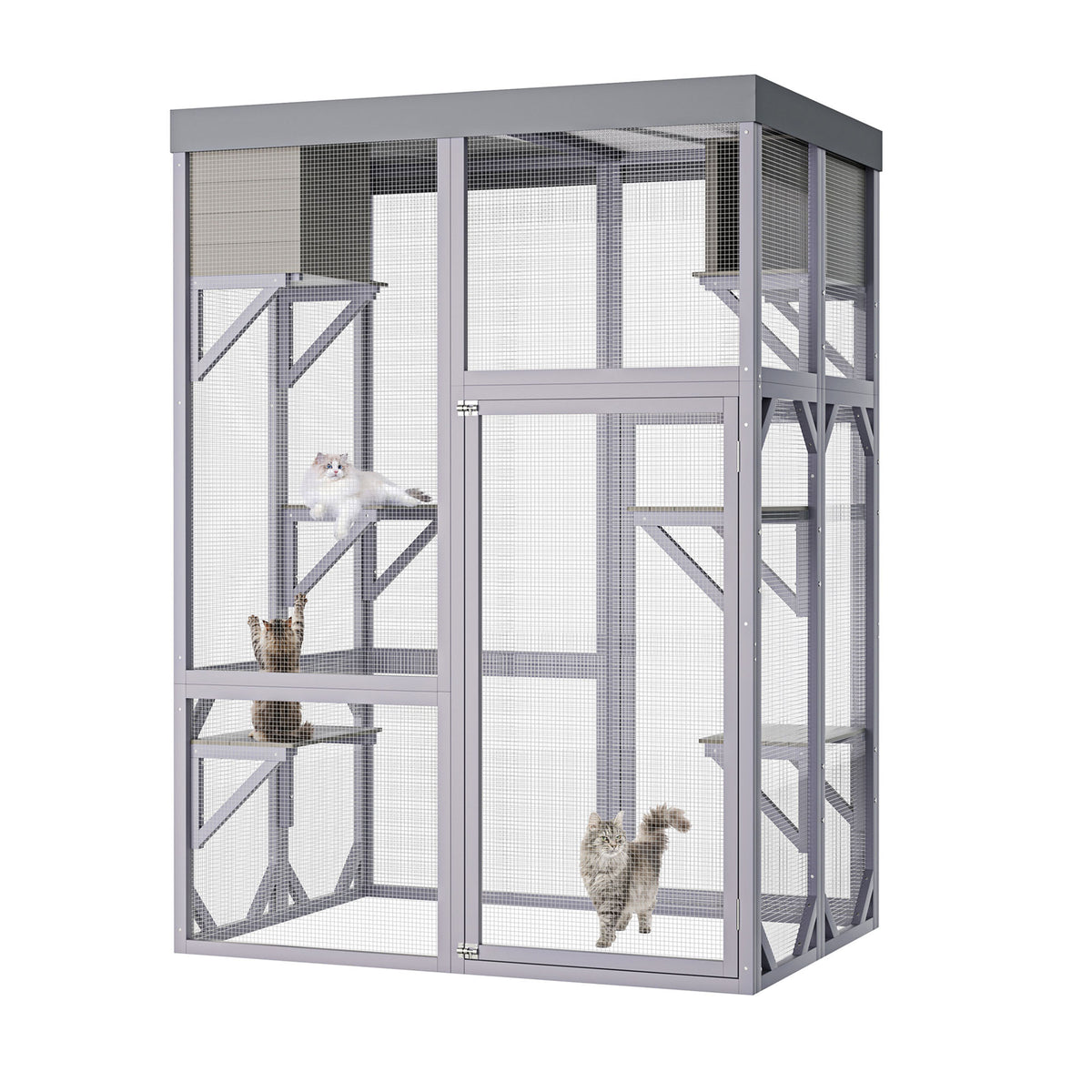 Outdoor Wooden Catio Multi-functional Cat Enclosure, 4 Platforms & 2 Napping Houses, 2 Strong Locks, Rounded Corner, Ste