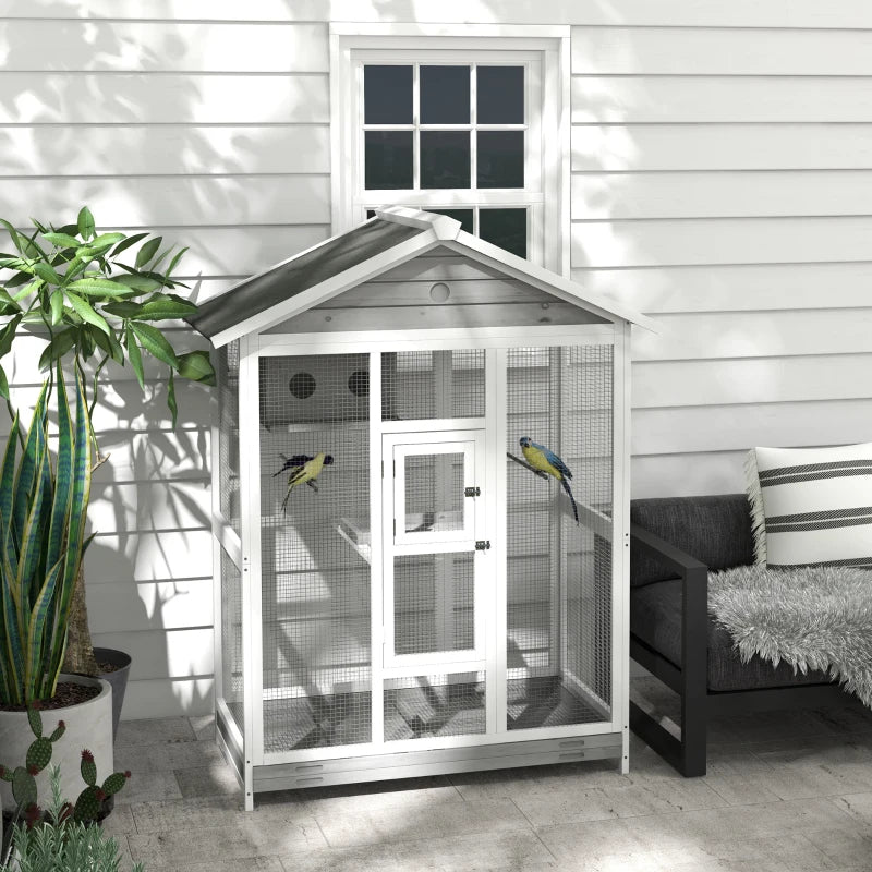 PawHut 64.5 Wooden Bird Cage Aviary, Flight Cage With 4 Perches, Nest And Slide-Out Tray For Indoor Outdoor, GrayMultipl
