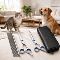 Pet Grooming Scissors Kit, 4 In 1 Professional Stainless Steel Dog Cat Grooming Shears Set, Straight & Curved & Thinning