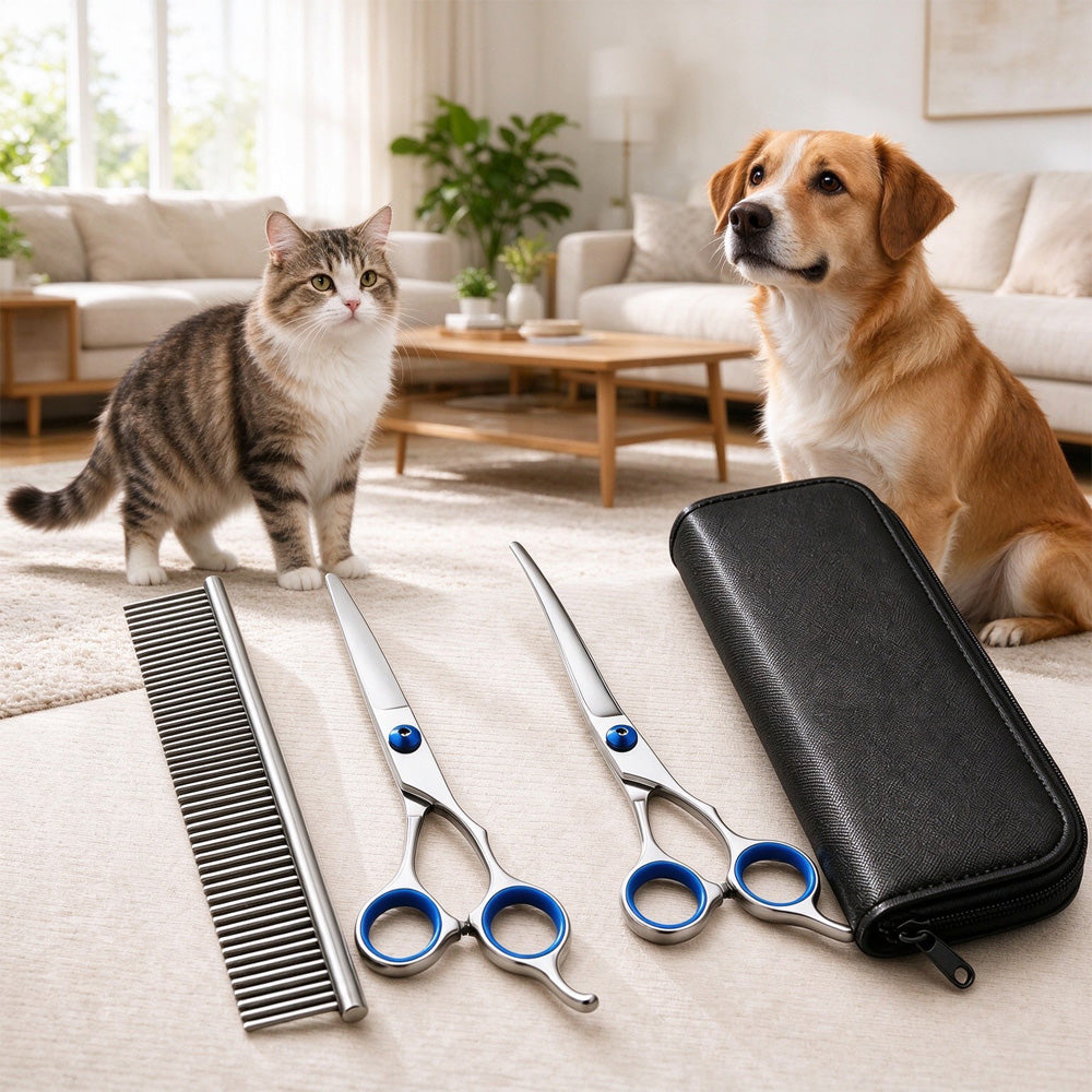 Pet Grooming Scissors Kit, 4 In 1 Professional Stainless Steel Dog Cat Grooming Shears Set, Straight & Curved & Thinning