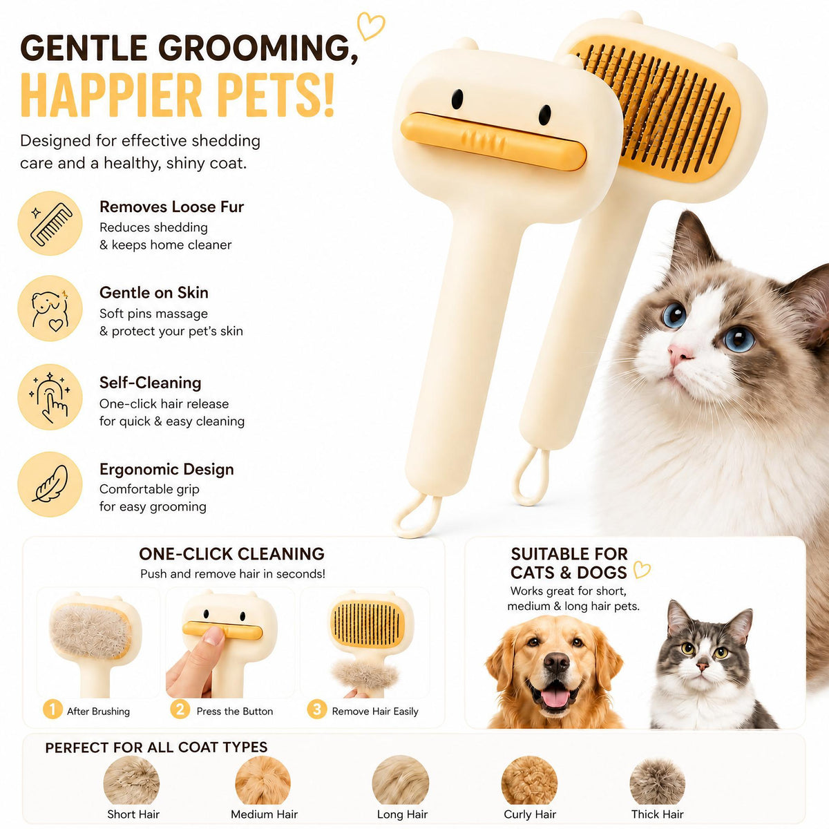 Cute Cartoon Bear Self-Cleaning Pet Brush Universal Deshedding Comb For Cats And Dogs Removes Loose Fur & Detangles Comf