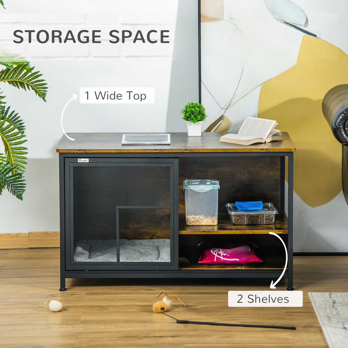 Wooden Cat Crate, Furniture Style Dog Cage, Puppy Kennel Indoor, End Table Pet House with Cushion and Sliding Doors, Rus