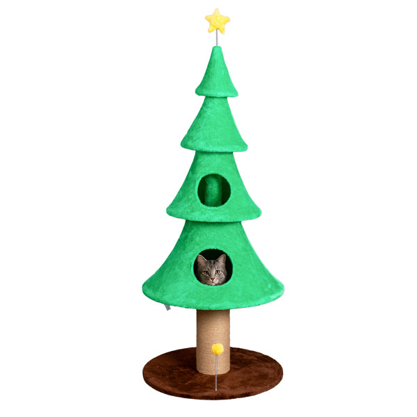 59in Large Tall Christmas Tree Cat Tower With 2 Cat Condos & Scratching Post, Soft Fleece Cat Tree With Teaser Toy & Stu
