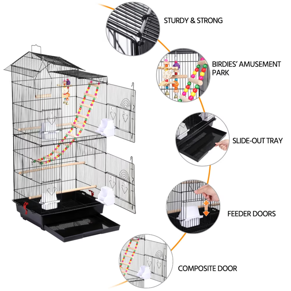 39inch H Metal Bird Cage Large Roof Top Huge House For Small Birds, Black