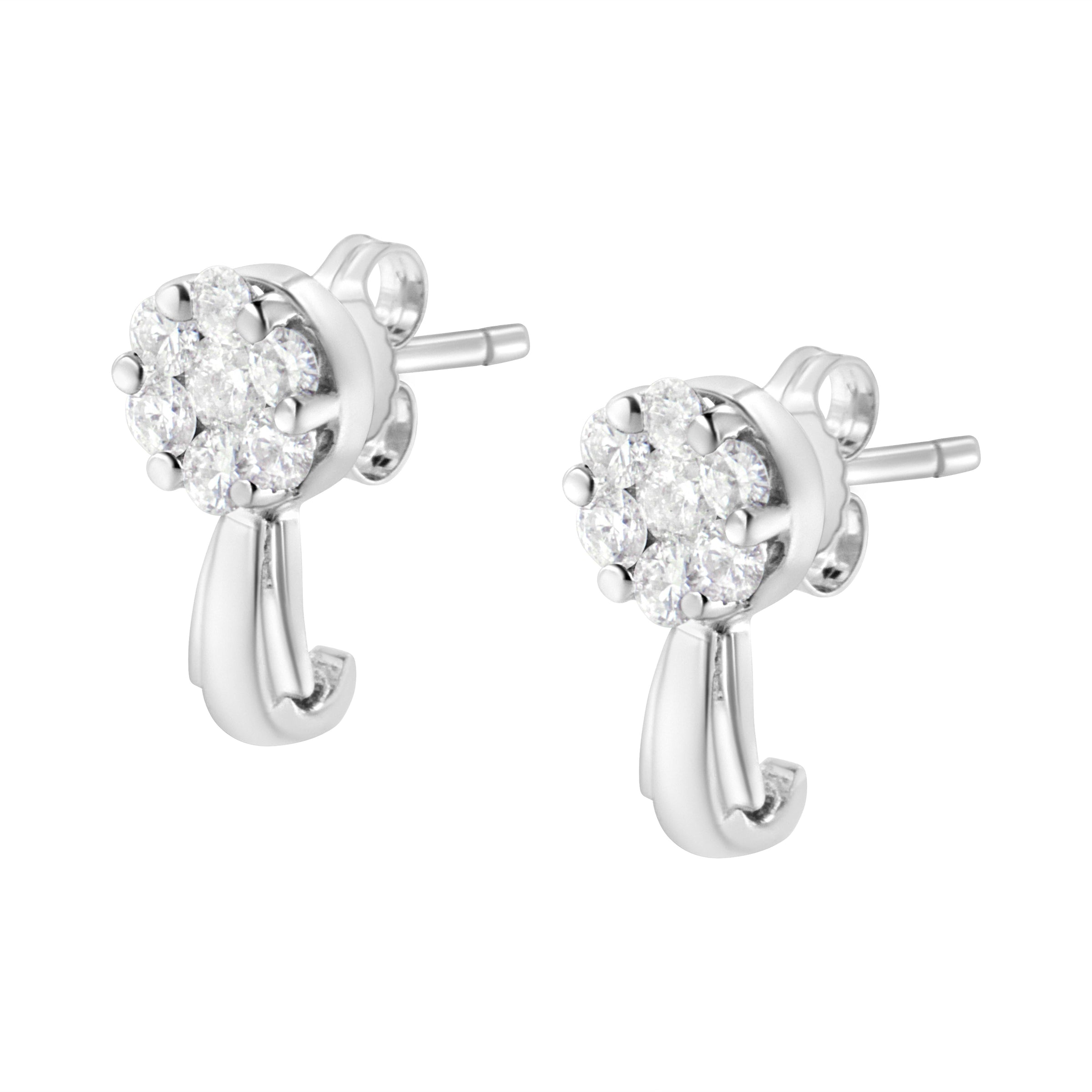 14K White Gold 3/4 Cttw Diamond Floral Cluster Drop and Dangle Stud Earrings (H-I Color, I1-I2 Clarity)