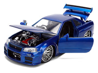 Brian's Nissan Skyline GT-R (R34) RHD (Right Hand Drive) Blue Color Brush Finish 25 Years of Fast & Furious Anniversary "2 Fast 2 Furious" (2003) Movie "Fast & Furious" 1/24 Diecast Model Car by Jada